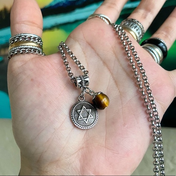 🔴 Sale david’s star medal tiger eye gemstone stainless steel chain necklace - Picture 4 of 7